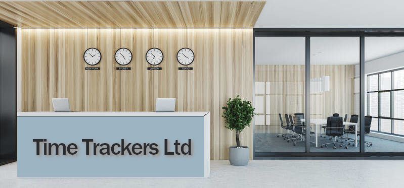 Reception area with time zone clocks